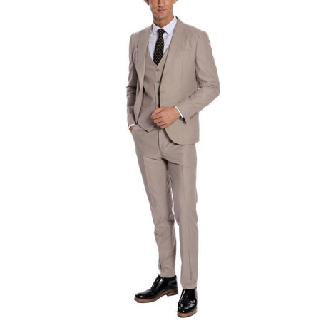 3 Piece Plain Slim Fit Mono Collar Double Button Suit // Beige (Euro: 44)