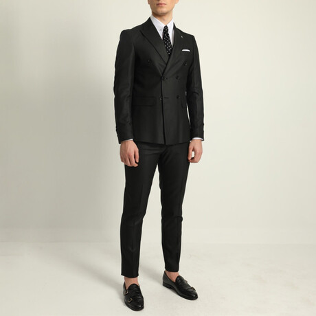 2 Piece Plain Slim Fit Double Breasted Pointed Collar Suit // Black (Euro: 44)