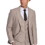 3 Piece Plain Slim Fit Mono Collar Double Button Suit // Beige (Euro: 50)