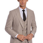 3 Piece Plain Slim Fit Mono Collar Double Button Suit // Beige (Euro: 56)