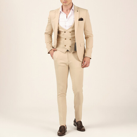 3 Piece Plain Slim Fit Mono Collar Single Button Suit // Beige (Euro: 44)