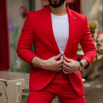 2 Piece Plain Slim Fit Mono Collar Single Button Suit // Red (Euro: 50)