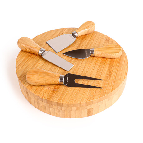 Bamboo 6pc Round Cov Cheese Board Set // with 4 Tools // 8.7"L x 1.5"W