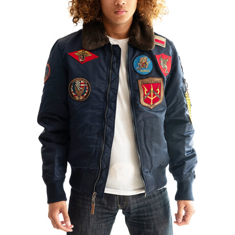 Top Gun® Official B-15 Flight Bomber Jacket + Patches // Navy (XS)