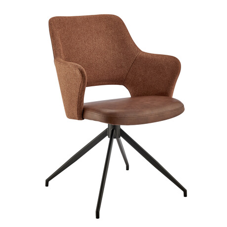 Darcie Swivel Armchair in Dark Brown Leatherette, Orange Fabric and Black Base