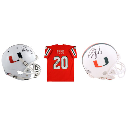 Ray Lewis Signed Miami Hurricanes Full-Size Helmet , Ed Reed Signed Miami Hurricanes Jersey , & Russell Maryland Signed Miami Hurricanes Mini Helmet