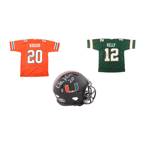 Bernie Kosar Signed Miami Hurricanes Jersey, Bernie Kosar Signed Miami Hurricanes Speed Mini Helmet & Jim Kelly Signed Miami Hurricanes Jersey