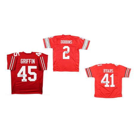 Archie Griffin Signed Ohio St Buckeyes Jersey Inscribed "HT 74/75" , Keith Byars Signed Ohio St Buckeyes Jersey , & J. K. Dobbins Signed Ohio St Buckeyes Jersey