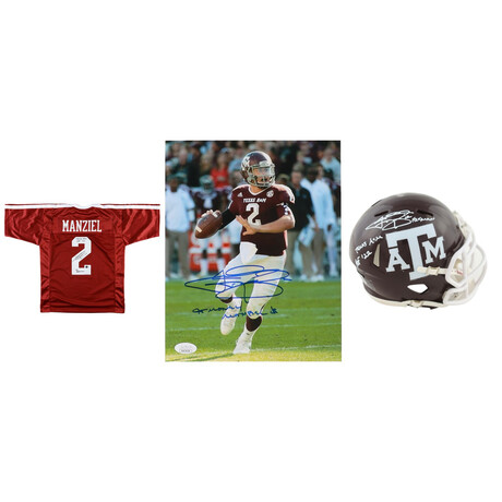 Johnny Manziel Signed Texas A&M Aggies 8x10 Photo "$ Money Manziel $", Signed Texas A&M Mini Helmet "Texas A&M HOF '22" + "'12 Heisman", + Signed Jersey "Texas A'M HOF '22" + "'12 Heisman"