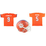 Travis Etienne Jr. Signed Clemson Jersey, Travis Etienne Signed Clemson Tigers Mini-Helmet Inscribed "Tiger King" + Tee Higgins Signed Clemson Jersey