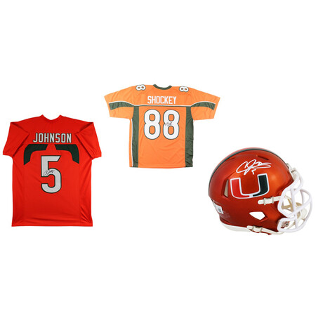 Jeremy Shockey Signed Miami Hurricanes Jersey, Andre Johnson Signed Miami Hurricanes Flash Alternate Speed Mini Helmet , & Andre Johnson Signed Miami Hurricanes Jersey