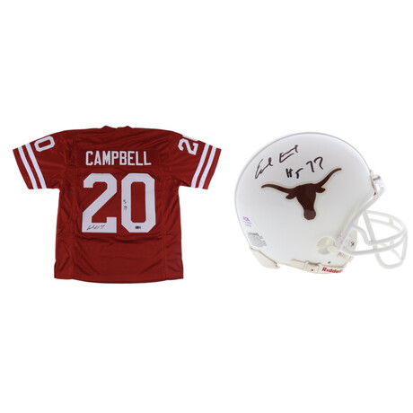 Earl Campbell Signed Jersey Inscribed "HT 77" & Earl Campbell Signed Texas Longhorns Longhorns Speed Mini Helmet Inscribed "HT 77"