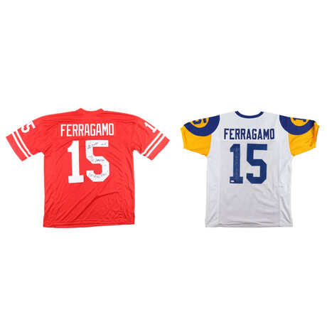 Vince Ferragamo Signed Nebraska Cornhuskers Jersey Inscribed "76 All American" & "Go Big Red!" & Vince Ferragamo Signed LA Rams Jersey Inscribed "79 NFC Champs"