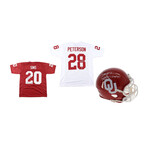 Adrian Peterson Signed Oklahoma Sooners Jersey , Billy Sims Signed Oklahoma Sooners Mini Helmet Inscribed "78 Heisman", & Billy Sims Signed Oklahoma Sooners Jersey Inscribed "78 Heisman"