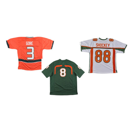 Frank Gore Signed Miami Hurricanes Jersey, Duke Johnson Nike Signed Miami Hurricanes Jersey Inscribed " All-Time Rushing Champ", & Jeremy Shockey Signed Miami Hurricanes Jersey