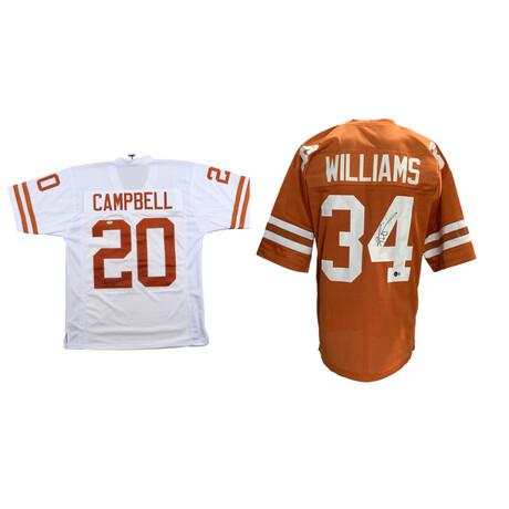 Earl Campbell Signed Texas Longhorns Jersey Inscribed "HT 77" & Ricky Williams Signed Texas Longhorns Jersey