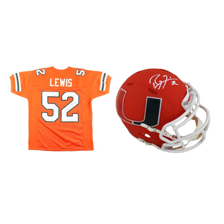 Ray Lewis Signed Miami Hurricanes Jersey & Ray Lewis Signed Miami Hurricanes AMP Alternate Speed Mini Helmet