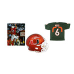 Andre Johnson Signed Miami Hurricanes Flash Alternate Speed Mini Helmet , Santana Moss Signed Miami Hurricanes Jersey , & Greg Olsen Signed Miami Hurricanes 8x10 Photo