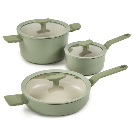 BergHOFF Leo Balance 6Pc Nonstick Ceramic Cookware Set With Glass Lid // Recycled Aluminum // Sage