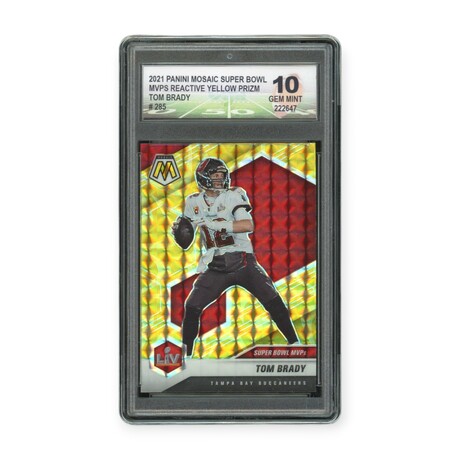 Tom Brady // 2021 Panini Mosaic Super Bowl MVPs Reactive Yellow Prizm // DGA 10 Gem Mint