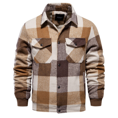 Gingham Pattern Flannel Jacket // Khaki + White (XS)