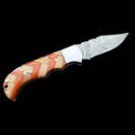 6.5" Damascus Pocket Knife // Handmade Pakka Wood + Olive Wood Handle // Orange