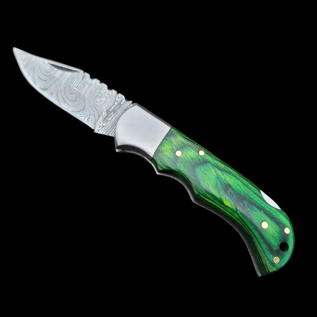 6.5" Damascus Pocket Knife // Handmade Pakka Wood Handle // Green