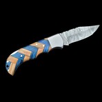 6.5" Damascus Pocket Knife // Handmade Pakka Wood + Olive Wood Handle // Blue