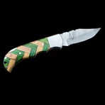 6.5" Damascus Pocket Knife // Handmade Pakka Wood + Olive Wood Handle // Green