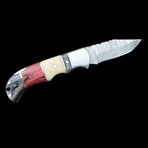 6.5" Damascus Pocket Knife // Handmade Pakka Wood + Bone Handle // Bone + Red + Black