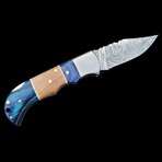 6.5" Damascus Pocket Knife // Handmade Pakka Wood + Rosewood Handle // Blue + Light Brown