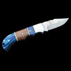 6.5" Damascus Pocket Knife // Handmade Pakka Wood + Walnut Wood Handle // Blue + Dark Brown