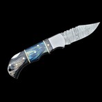 6.5" Damascus Pocket Knife // Handmade Pakka Wood Handle // Black + Blue