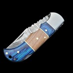 6.5" Damascus Pocket Knife // Handmade Pakka Wood + Rosewood Handle // Blue + Light Brown