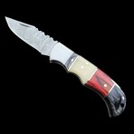 6.5" Damascus Pocket Knife // Handmade Pakka Wood + Bone Handle // Bone + Red + Black