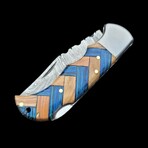 6.5" Damascus Pocket Knife // Handmade Pakka Wood + Olive Wood Handle // Blue