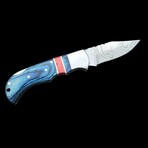 6.5" Damascus Pocket Knife // Handmade Pakka Wood Handle // Blue + Red