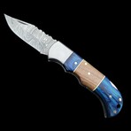 6.5" Damascus Pocket Knife // Handmade Pakka Wood + Rosewood Handle // Blue + Light Brown