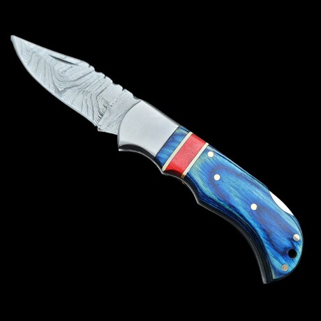 6.5" Damascus Pocket Knife // Handmade Pakka Wood Handle // Blue + Red