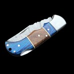 6.5" Damascus Pocket Knife // Handmade Pakka Wood + Walnut Wood Handle // Blue + Dark Brown