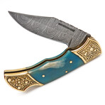 Damascus Folding Pocket Knife // Camel Bone