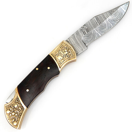 Damascus Folding Pocket Knife // Rose Wood