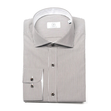 Striped Slim-Fit Long Sleeve Button Up Shirt // Brown + White (S)