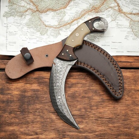 Damascus Karambit Knife // Camel Bone