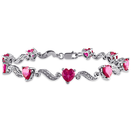 9 1/10ct TGW Created Ruby and Diamond Accent Heart Link Bracelet // 7 in