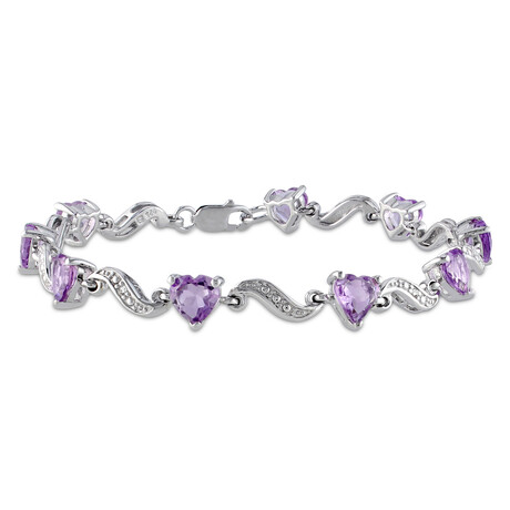 6 1/3ct TGW Amethyst and Diamond Accent Heart Link Bracelet in Sterling Silver // 7 in