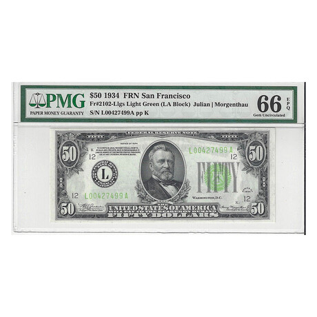 1934 $ 50 Federal Reserve San Francisco LGS PMG 66 # 499  POP 3/0