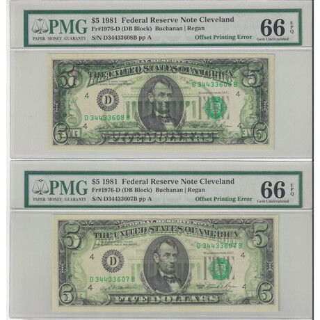 1981 $ 5 Federal Reserve Cleveland 2 Con Offset Printing Error PMG 66 # 607 - 608