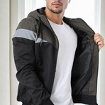 Hooded Blocked Zip Up Windbreaker // Black + Beige + Dark Gray (S)