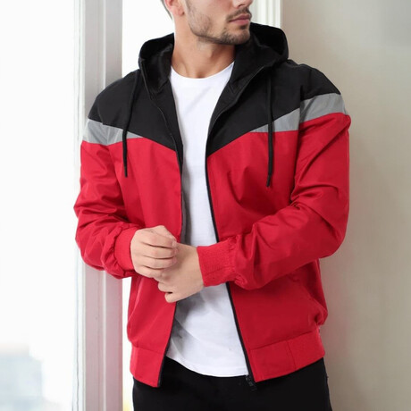 Hooded Blocked Zip Up Windbreaker // Red + Ligh Gray + Black (S)